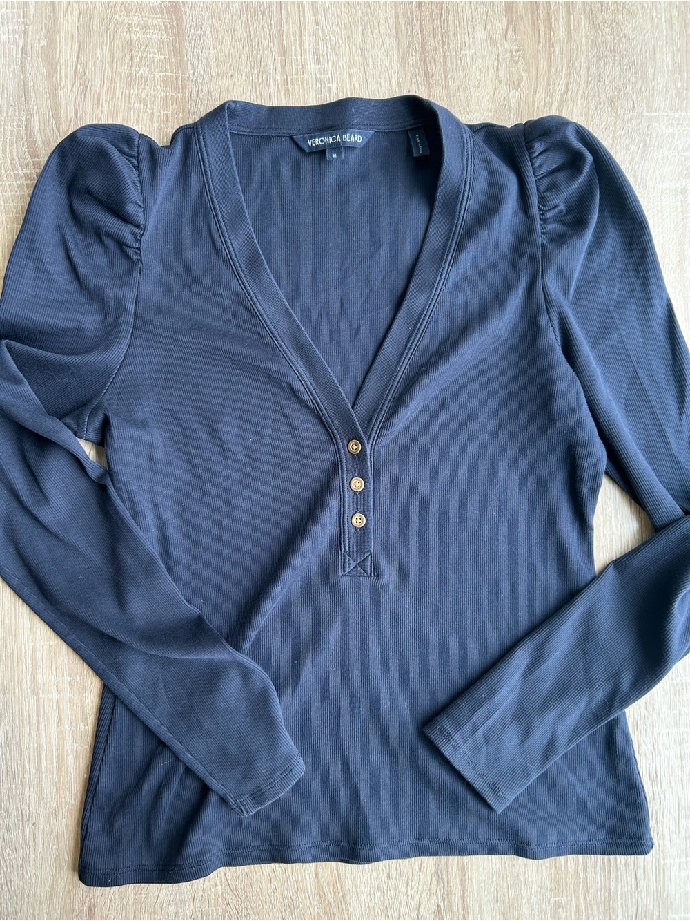 Veronica Beard Women's Navy Puff-Sleeve Henley Cotton Top M Medium